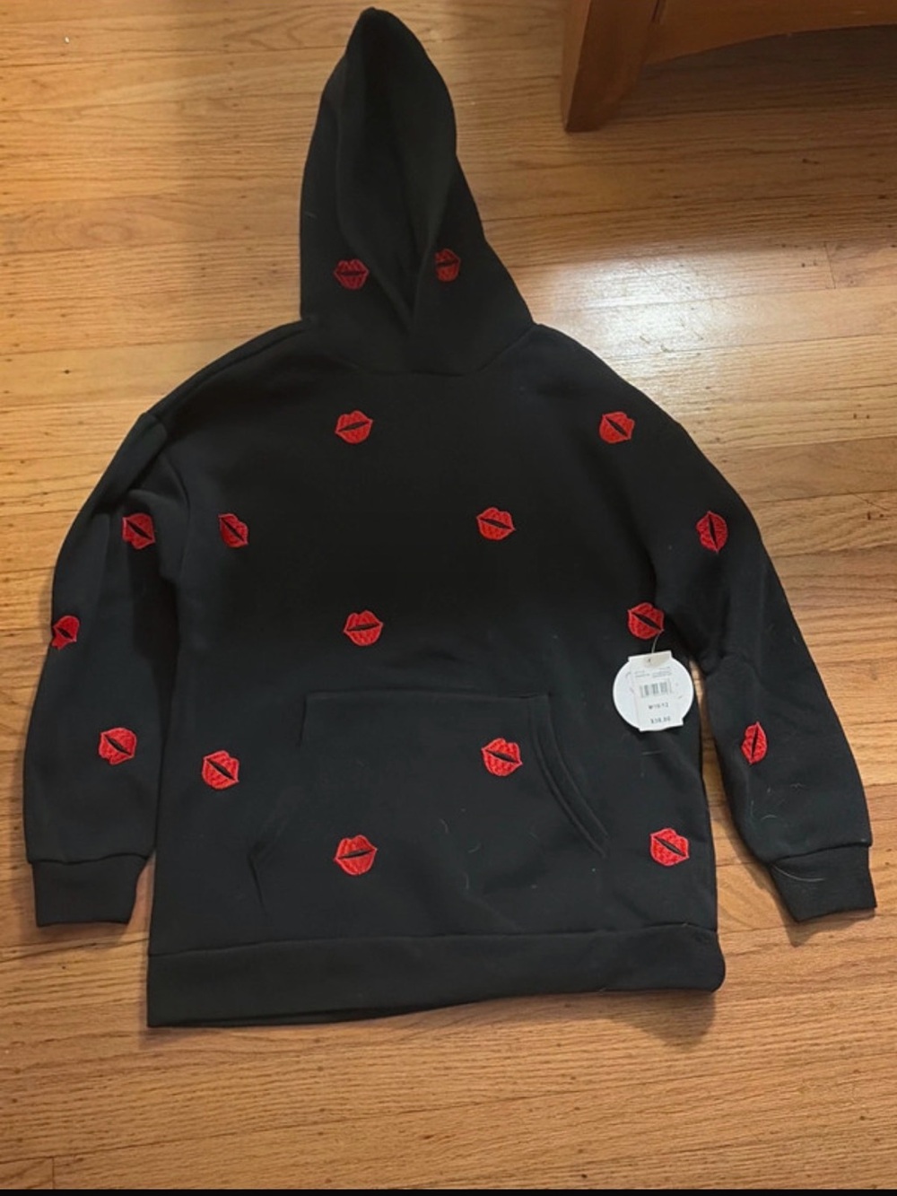 Jolie and Joy Black Hoodie Sweatshirt with Red Lip Embroidery